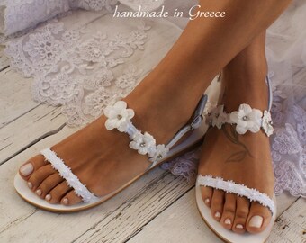 Handmade Lace Bridal Sandals: White Leather Wedding Shoes