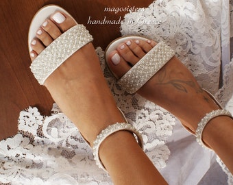 Bruiloft sandalen/bruidsschoenen/parel ivoor sandalen/handgemaakte sandalen/ivoor bruidsschoenen/strand bruiloft sandalen/trouwschoenen/ '' TYRA"