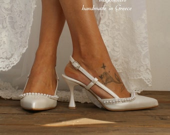 Dames bruids slingback hakken/slingback pompen/bruidspomp/bruidsparel schoenen/bruiloft strass verfraaide schoenen/''GRETA"