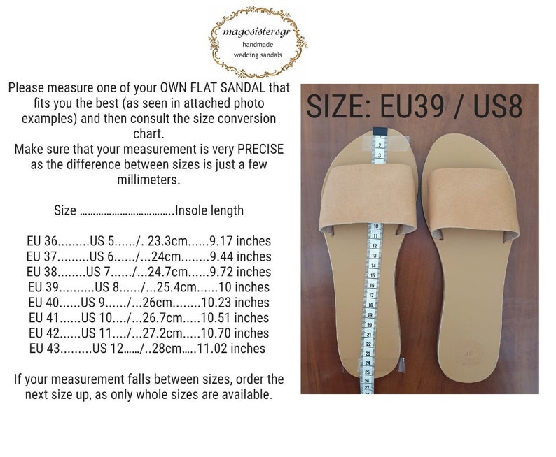 May include: A pair of tan leather flat sandals with a size chart showing the corresponding European and US sizes. The chart shows the insole length in centimeters and inches. The sandals are labeled "SIZE: EU39 / US8".