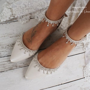 Dambrudskor/ Handgjorda platta läderskor i elfenbensfärgat/ Ballerinaskor för bröllop/ D'Orsay-skor/ Silverutsmyckade skor/ Ballerinaskor/ HOLLY