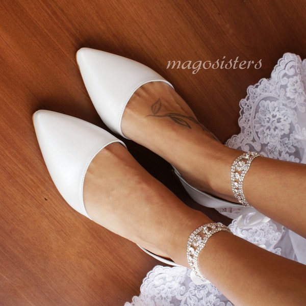 Women's bridal shoes/ Handmade WHITE flat/ Wedding ballet pumps/D'Orsay flats/ Silver-embellished shoes/ Ballerina shoes/ LOVE KNOT