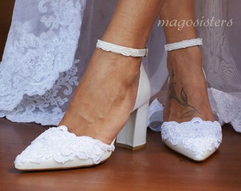 Handmade White Lace Wedding Shoes: Block Heel Ankle Strap Pumps