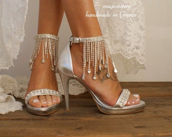 Women's bridal heels Bridal SILVER stilettos/ Wedding platform heels/ silver shoes / Bridal shoes / Rhinestone-embellished shoes/''ROXANNE"