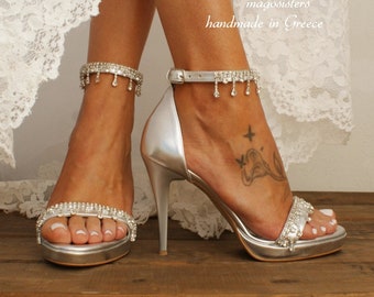 Women's bridal heels Bridal SILVER stilettos/ Wedding platform heels/ silver shoes / Bridal shoes / Rhinestone-embellished shoes/''REINA"