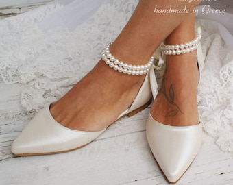 Women's bridal shoes/ Handmade IVORY flats/ Wedding ballet pumps/D'Orsay flats/ Bridal pearl shoes/ Ballerina bridal shoe/ DESIRE