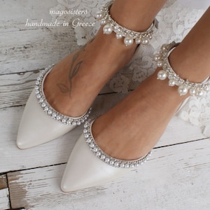 Handmade White Bridal Flats: Pearl D&#39;Orsay Wedding Ballet Pumps