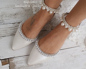 Women's bridal shoes/ Handmade WHITE bridal flats/ Wedding ballet pumps/D'Orsay flats/ Bridal pearl shoes/ Ballerina bridal shoe/ FANTASY