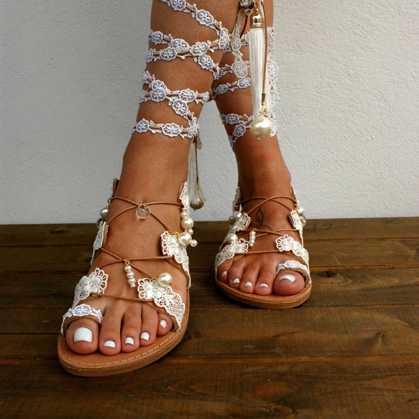 Wedding sandals/ gladiator leather sandals /boho sandals/ bridal sandals/ lace up sandals/ crocheted sandals/ beach sandals/ "PRINCESS"