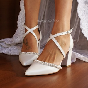 Block heel WHITE leather wedding sandals/ Handmade white leather heels/ Bridal pearl heels/ Silver-embellished shoes/  GRACEFUL BEAUTY