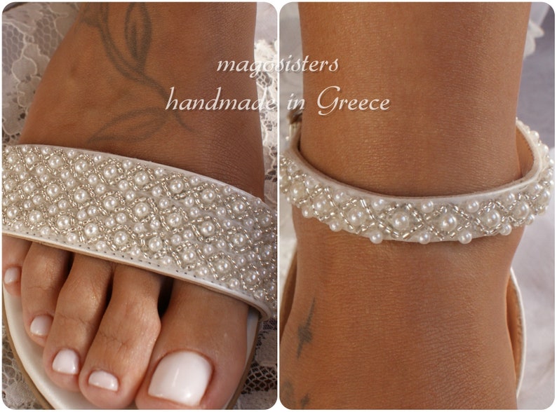 Wedding sandals/ bridal shoes/ pearl ivory sandals/ handmade sandals/ ivory bridal shoes/ beach wedding sandals/ wedding shoes/ '' TYRA zdjęcie 2