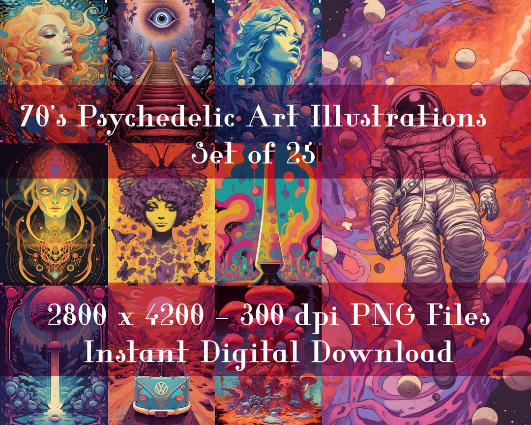 Set of 25 70s Psychedelic Art Illustrations Vintage Wall Art Etsy