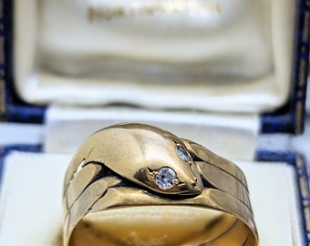 Test dell&#39;anello serpente antico VITTORIANO Occhi di diamante serpente in oro da 9 ct o superiore, taglia U più grande. Design unisex
