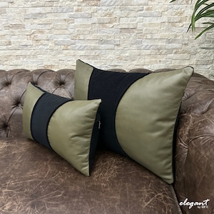 Genuine Leather Pillow, Leather Sofa Cushion, Leather Cushion, Leather Lumbar Pillow, Cowhide Pillow, Green Lumbar Pillow