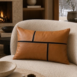 Geometric Patchwork Leather Lumbar Pillow, Cognac Tan Color Block Cushion Cover, Quiet Luxury Sofa Decor, Handmade in Turkey