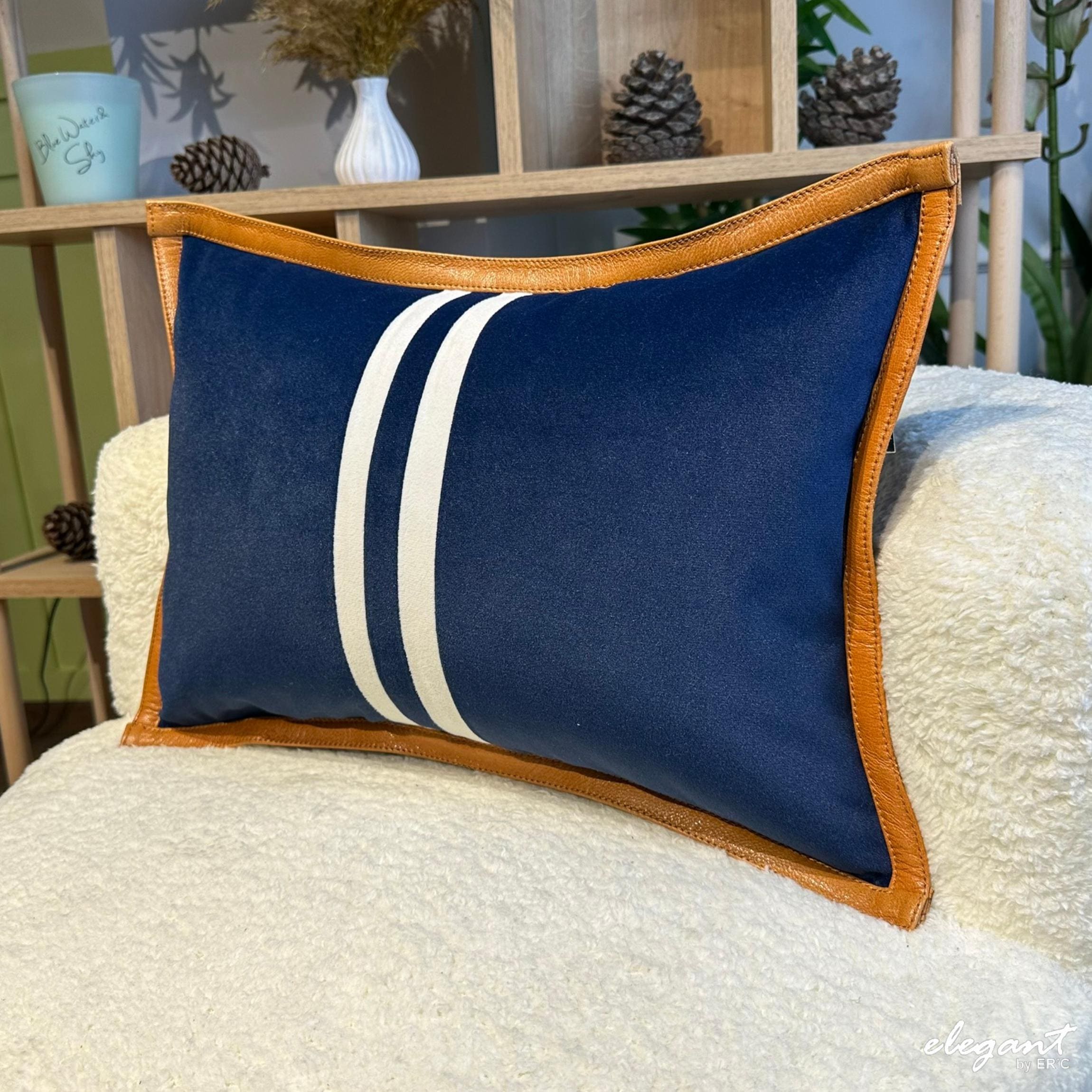 Leather Trim Navy Chenille Pillow Cover: Modern Stripe Cushion - Etsy