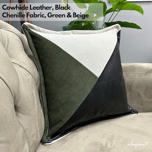 Decor Pillows, Cowhide Leather Cushion Cover, Modern Throw Pillows, Green Throw Pillow Cover, Black Throw Pillow, Leather Pillow Cover
