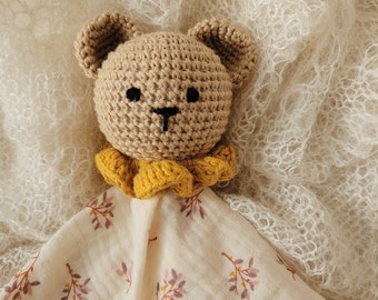 Muslin cuddly toy with crochet teddy bear