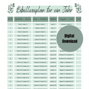 Könnte beinhalten: Ein druckbarer Bibelleseplan für ein Jahr, mit grünem Hintergrund und einem digitalen Download-Button. Der Plan ist in Wochen unterteilt, mit Spalten für die Geschichte des Alten Testaments, Psalmen und Sprüche, prophetische Bücher und die Evangelien und Briefe des Neuen Testaments.