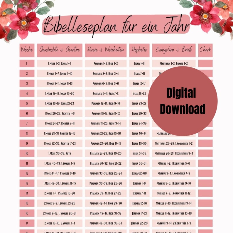 Ausdruckbarer Bibelleseplan Für Ein Jahr in Deutsch Digitaler Download DIN A4 A5 Stille Zeit