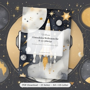 Könnte beinhalten: Ein digitales Lernblatt mit dem Titel Weltraum Einmaleins Weltraum für 8-10-Jährige, das eine Raketenillustration vor einem dunkelblauen Weltraumhintergrund mit goldenen Sternen, Planeten und Monden zeigt. Das Dokument umfasst 21 Seiten.