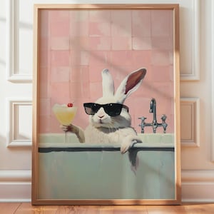 Rabbit in Bathtub Digital Art Print, Funny Bunny with Cocktail Poster, Quirky Bathroom Wall Art, Relaxing Spa Rabbit Illustration