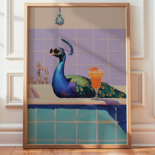 Funny Peacock Bath Print, Peacock with Cocktail Wall Art, Whimsical Bathroom Decor, Printable Animal Lover Gift