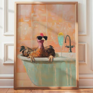 Turkey in Bathtub Digital Art Print, Vertical Turkey with Cocktail Poster, Farm Animal Bathroom Wall Art, Printable Barn Décor