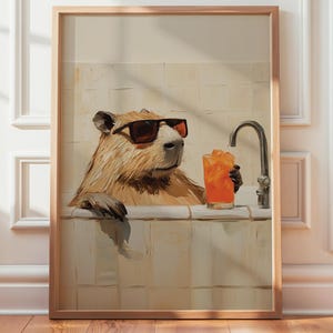 Capybara Wall Art Print, Vertical Tropical Bathroom Digital Print, Art with Cocktail, Retro Capybara Illustration, Animal Print