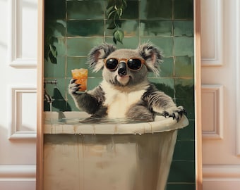 Lámina decorativa de baño con diseño de koala y cóctel, decoración de baño original (descarga digital)