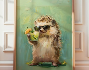 Hedgehog Digital Art Print, Hedgehog Artwork, Green Hedgehog with Cocktail Poster, Unique Hedgehog Artwork