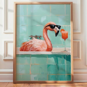 Flamingo Wall Art Print, Vertical Tropical Bathroom Digital Print, Funny Art with Cocktail, Retro Flamingo Illustration, Animal Print