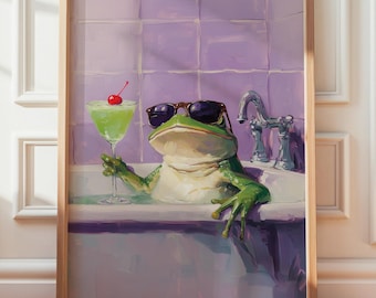 Funny Frog Bath Print, Frog with Cocktail Wall Art, Whimsical Bathroom Decor, Printable Animal Lover Gift