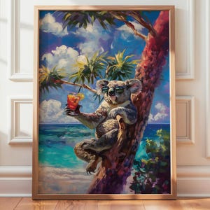 Koala Digital Art Print, Vertical Koala Printable, Koala with Cocktail on Palm Tree Poster, Square Unique Koala Artwork