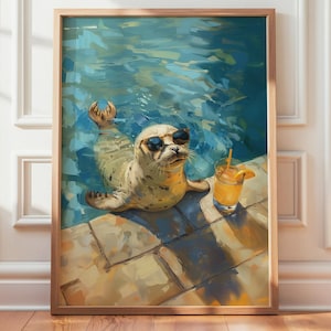Seal Art Print, Seal with Sunglasses and Cocktail, Vertical Poolside Seal Poster, Square Fun Seal Decor, Seal Wall Art Digital Download