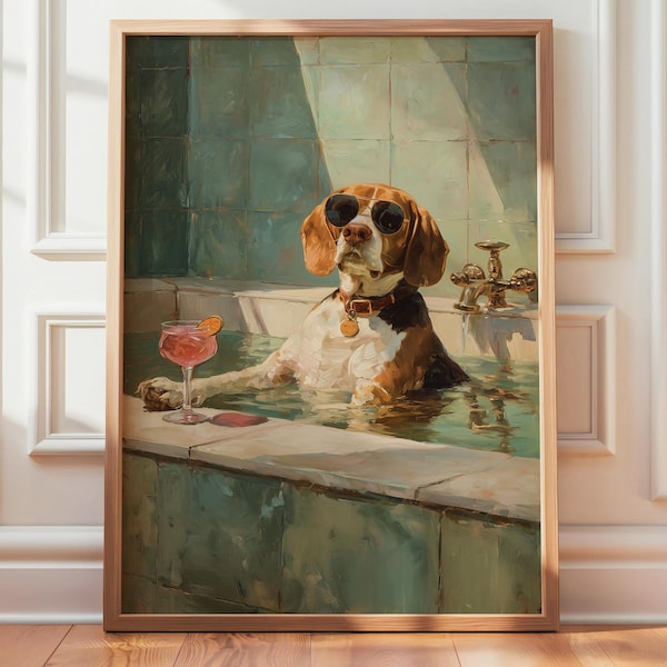 Beagle Art Print Digital Download, Funny Bathroom Art Dog, Dogs Drinking Poster, Retro Oil Painting For Dog Lovers, Instant Wall Decor