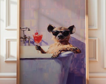Hyena in Bathtub Digital Art Print, Vertical Hyena with Cocktail Poster, Bathroom Wall Art, Printable Jungle Animal Decor