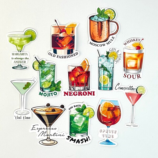 Ultimate Cocktail Stickers Bundle of 12, The Most Popular Drinks, Famous Drinking Vinyls, Fashionable Iconic Beverages, Mixology Lover Gift