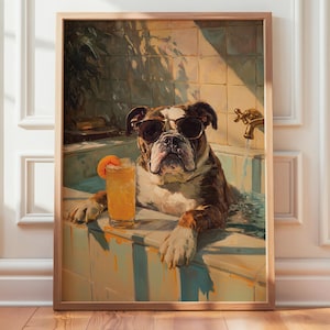 Bulldog in Bathtub Poster, Funny Bathroom Art Dog, Bulldog Lover Wall Art, English Bulldog Mom Gift, Dog Portraits Painting