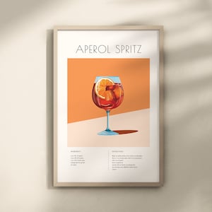 Impresión digital de Aperol Spritz, póster de cóctel Aperol, impresiones para cocina y bar, arte mural retro para carrito de bar, decoración imprimible de Aperol
