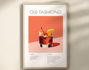 Ouderwetse cocktailprint, ouderwets cocktaildecor, decor barwagen, print cocktailgids, cocktailmuurkunst, klassieke cocktail