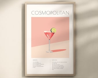 Kosmopolitische cocktailposter, cocktailreceptafdruk, decor barwagen, keuken + barafdrukken, kosmopolitische muurkunst, digitale mixologieprint