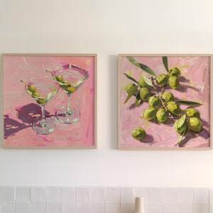 Arte mural de aceitunas y martini, impresiones digitales para bar y cocina, decoración retro de cocina, póster con ilustración de cócteles, pintura al óleo estilo martini