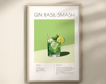Gin Basil Smash Cocktail Print, Gin Basil Smash Poster, Mixology Decor, Bar Cart Decor, Cocktail Print,Gin Basil Smash Wall Art, Cocktaile