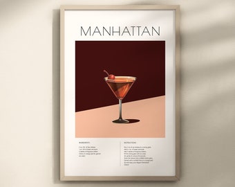 Manhattan Cocktail Print, Manhattan Cocktail Decor, Bar Cart Decor, Cocktail Guide Print, Manhattan Cocktail Wall Art, Cocktaile Poster