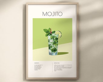 Mojitococktail print, mojito poster, mojito decor, print cocktail gids, mojito kunst aan de muur, alcohol prints, Cubaanse drank print