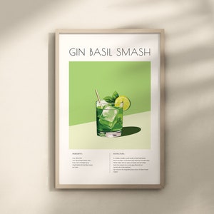 Gin Basil Smash Cocktail Print, Gin Basil Smash Poster, Mixology Decor, Bar Cart Decor, Cocktail Print,Gin Basil Smash Wall Art, Cocktaile image 1