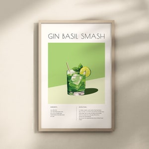Gin Basil Smash Poster, Digital Print, Cocktail Recipe Art, Kitchen + Bar Prints, Bar Cart Wall Art, Mixology Decor, Gin Cocktail Guide