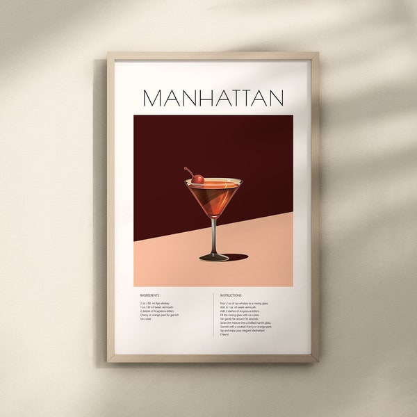 Manhattan Cocktail Print, Manhattan Cocktail Decor, Bar Cart Decor, Cocktail Print, Manhattan Cocktail Wall Art, Cocktail Poster