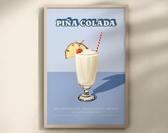 Piña Colada Wall Art, Piña Colada Cocktail Print, Piña Colada Poster, Tropical Island Decor, Bar Cart Decor, Cocktail Print, Coconut Drink